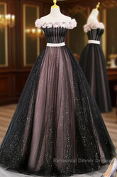 Black Tulle & Pink Flowers Sparkle Semi Formal Prom Dress